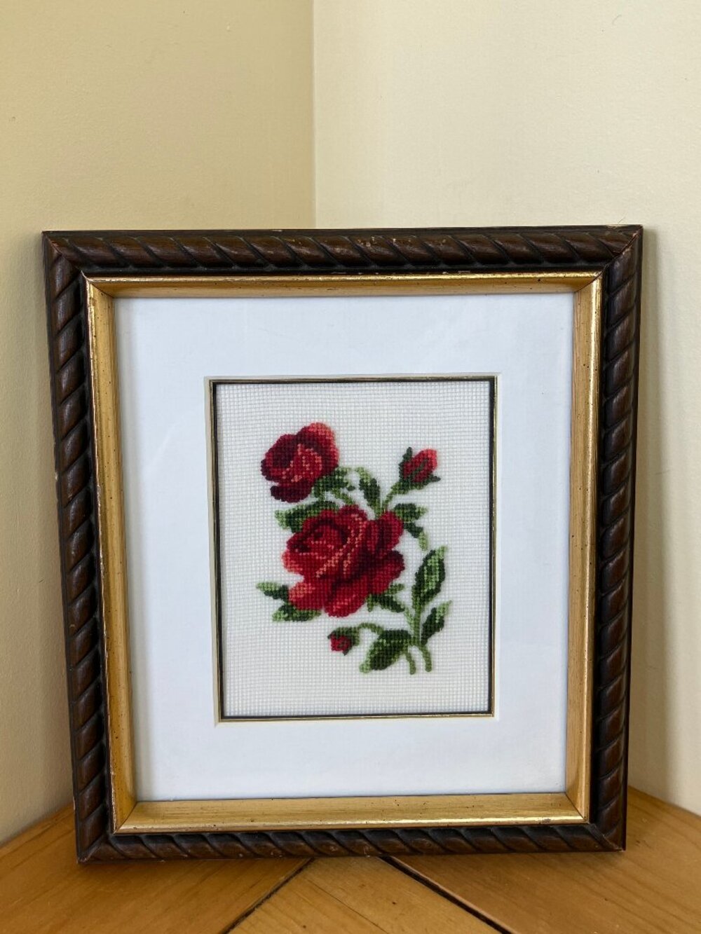 Red Rose Floral Petit Point Completed Vintage Framed Hand Embroidery